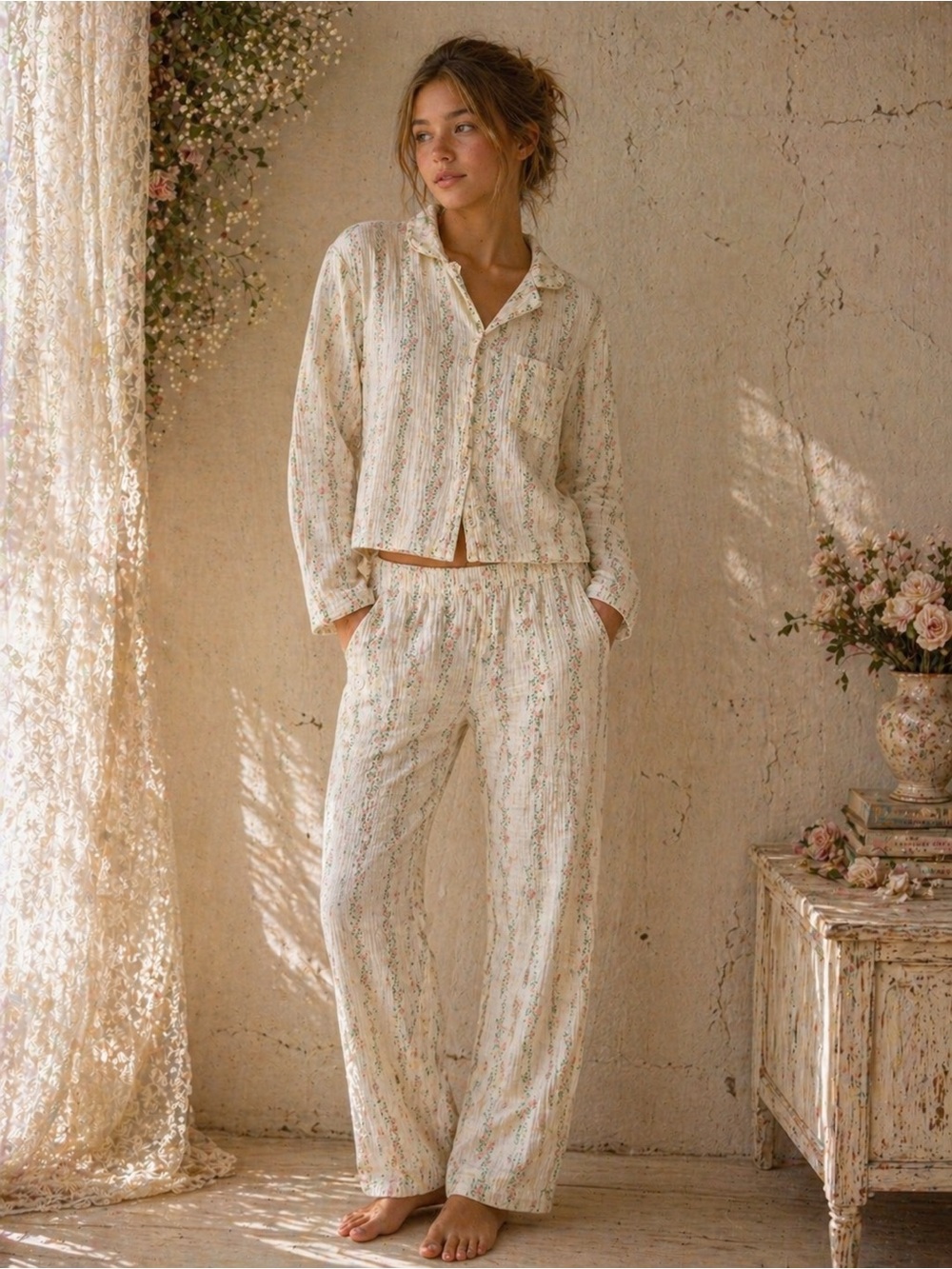 Heirloom Bloom 100% Muslin Cotton Floral Pajama Set Youth Large